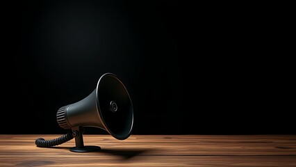 Megaphone placed on a wooden surface against a dark background.