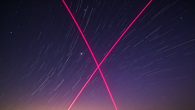 Double-exposure night sky with intersecting vibrant meteor trails, representing celestial events.