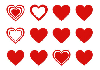 Twelve red heart icons, varied outlined and solid styles, 3x4 grid on clean white, ultra photorealistic studio photo, top-down, no shadows, love and romance concept