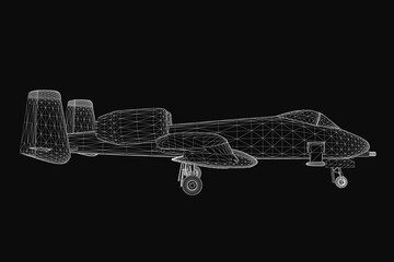 A 3D wireframe model of a combat aircraft with detailed wings, tail, and cockpit stands out against a black background. The white lines create a striking contrast.