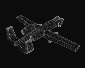 A 3D wireframe model of a combat aircraft with detailed wings, tail, and cockpit stands out against a black background. The white lines create a striking contrast.