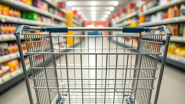 Empty shopping cart in supermarket aisle with clean metal frame and reflections.