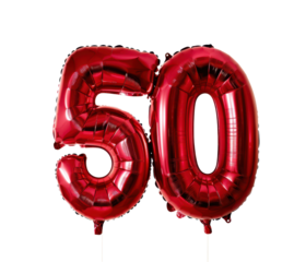 festive metallic red balloons in shape of number "50", birthday mylar balloon isolated on white or transparent png