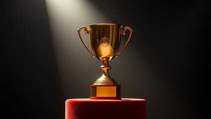 A gleaming gold trophy displayed on a velvet pedestal, highlighted by dramatic studio lighting.