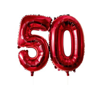 festive metallic red balloons in shape of number "50", birthday mylar balloon isolated on white or transparent png