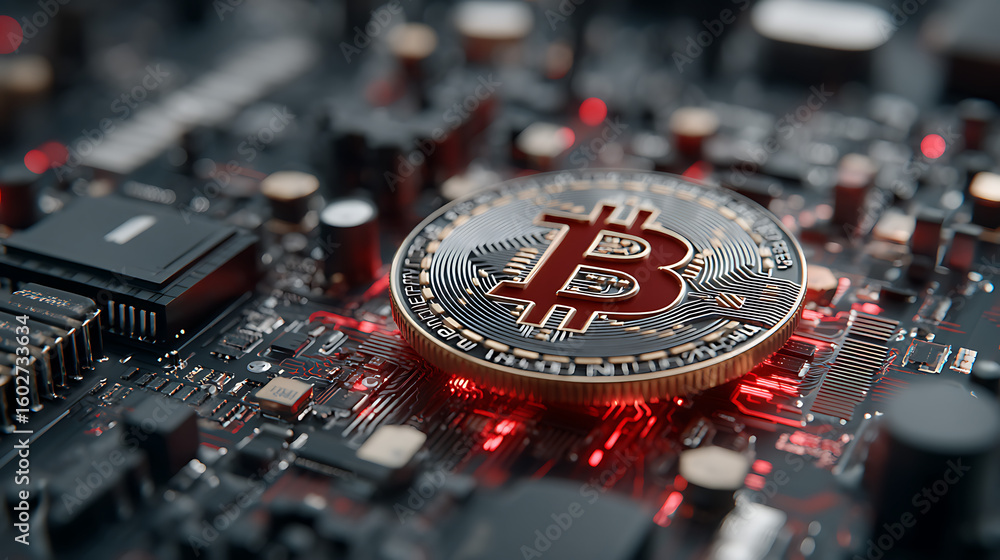 Poster silver bitcoin on dark circuit board with red glow and technological elements 14629953 1