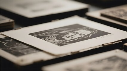 Stacked photographic slides with black and white images in a display setup