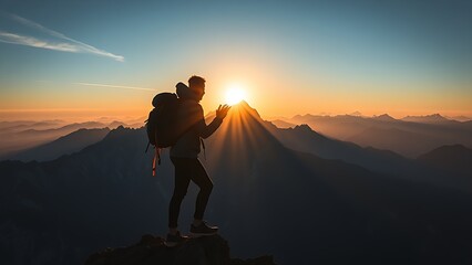 Fototapeta premium Silhouette of mountain climber at sunrise with dramatic landscape