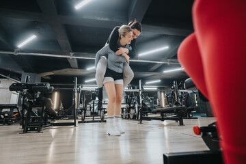 Two active women engage in fitness training in a gym facility, capturing teamwork and personal...