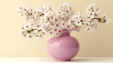 Delicate spring blossoms in a pastel pink vase.
