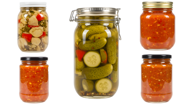 Assorted jars of pickles and sauces displayed on a clean surface, highlighting homemade preservation techniques