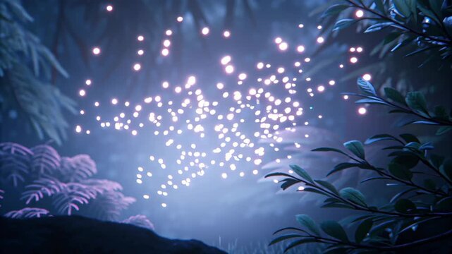 Luminous floral splendor near majestic waterfall concept. A mystical forest scene with glowing lights floating among lush, vibrant plants in a dreamy, magical atmosphere.