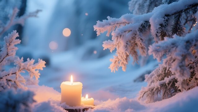 Candles glowing warmly amidst snow-covered branches in a serene winter forest