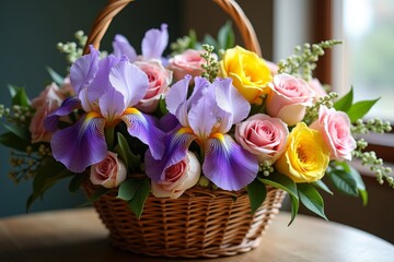 Obraz premium Close up of a full wicker basket featuring purple iris, pink rose bud, and yellow floribunda flower. A beautiful floral arrangement concept for holiday celebration.