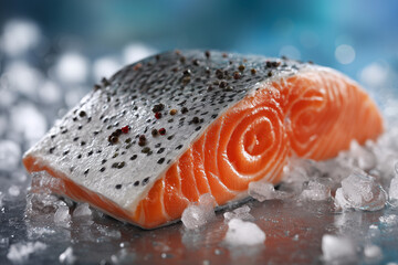 Raw salmon fillet on ice