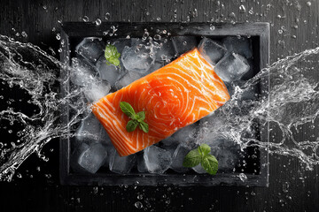 Raw salmon fillet on ice
