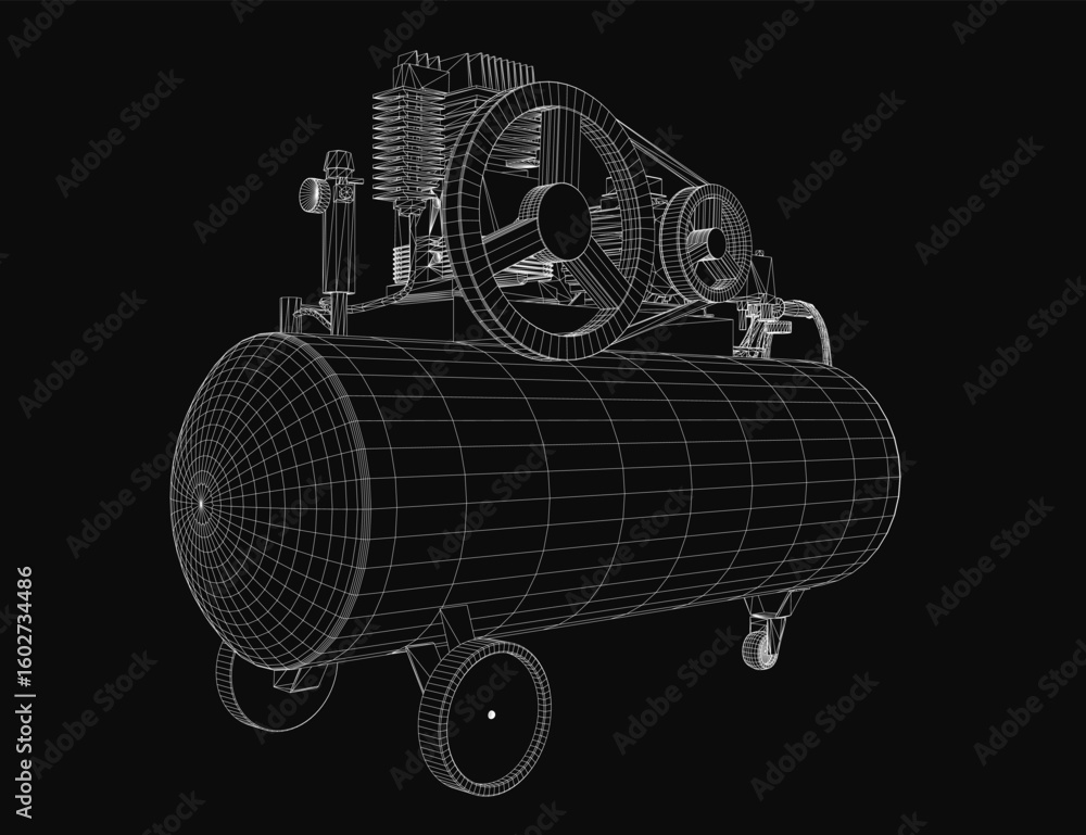 Poster a detailed 3d wireframe model of a steam engine compressor on a black background highlights intricat