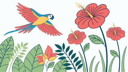 A colorful parrot flying over a tropical garden with hibiscus flowers and lush green foliage design