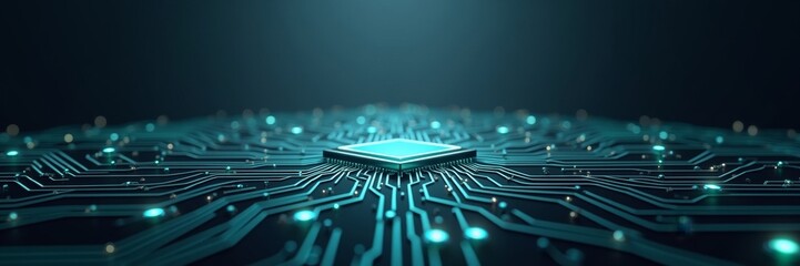 Futuristic CPU processing data on a circuit board with glowing connections. Digital technology, artificial intelligence, and machine learning concept. banner, copy space