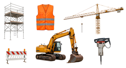 Construction equipment including an excavator, crane, safety vest, and scaffolding, showcasing an active site environment