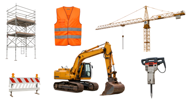 Construction equipment including an excavator, crane, safety vest, and scaffolding, showcasing an active site environment