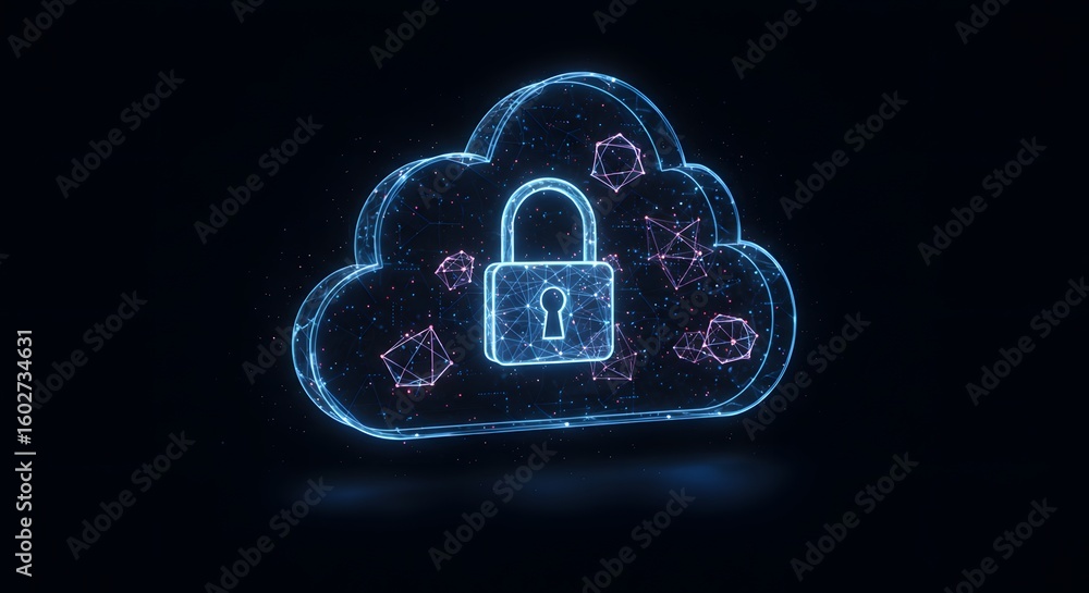 Poster secure cloud: a digitally rendered cloud, interwoven with protective layers, showcases a lock, symbo