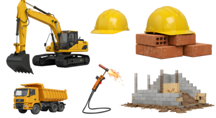 Construction scene featuring heavy machinery, safety helmets, bricks, and a building site with ongoing work in the background