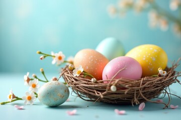 Obraz premium Colorful Easter eggs in a nest with spring flowers on a blue background. Holiday greeting card design. copy space