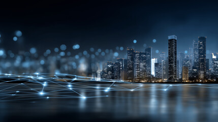 Futuristic cityscape with digital data network at night