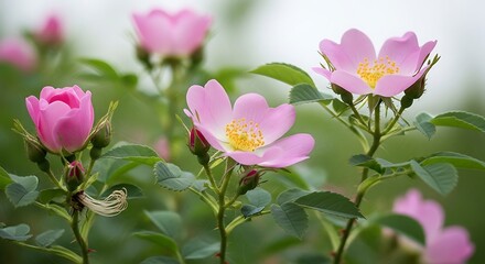 Obraz premium Pink Blossoms with Serrated Leaves – Floral Detail and Garden Serenity