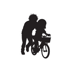 Guiding first pedal silhouette. Adult silhouette steadying a child’s first bicycle ride.