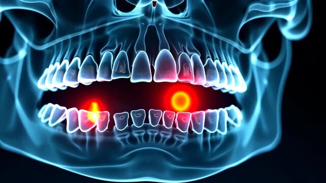 panoramic x-ray, dental imaging, tooth diagnosis. Oral health. Teeth glow during scanning process. X-ray reveals hidden decay. Radiology technology enhances diagnosis accuracy.