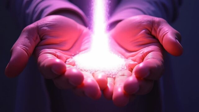 Light through the palms of your hands in ultraviolet, God and religion. Divine light through hand fingers, prophet Muhammad. Prodigy.