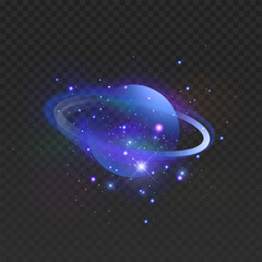 Planet Saturn in space starry and cosmic dust around, Neon light on transparent background
