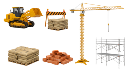 Construction site scene featuring heavy machinery, cranes, and building materials, illustrating a bustling work environment