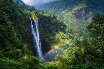 Fototapeta premium Majestic waterfall cascading down a lush mountainside, rainbow arched across