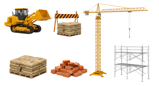 Construction site scene featuring heavy machinery, cranes, and building materials, illustrating a bustling work environment