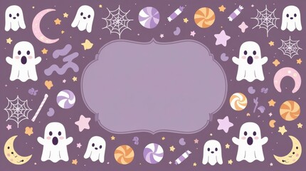 Fototapeta premium Spooky Celebration Elements: A vibrant, illustrative design is bursting with Halloween-themed elements such as ghosts, candy, stars, and webs, with an empty text box suitable for seasonal greetings.