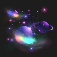 Planet Saturn in space starry and cosmic dust around, Neon light on transparent background
