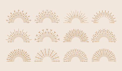 Minimalist bohemian style thin line half sun, sunset, sunrise, starburst. Cute ornamental celestial vector logo illusrtration designs