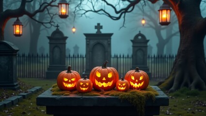 Obraz premium Halloween pumpkins with spooky faces glowing on a stone table in a misty cemetery scene at night. Scary holiday decoration for October event.