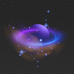 Planet Saturn in space starry and cosmic dust around, Neon light on transparent background
