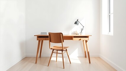 Fototapeta premium Minimalist office corner with wooden desk and chair, bathed in natural window light.