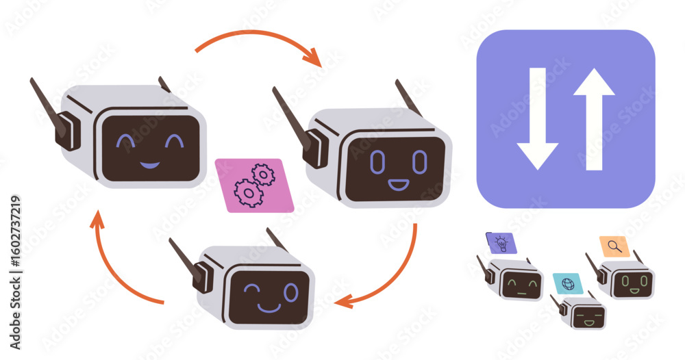 Poster smiling ai robots exchanging gears, files, and analyzing processes in a circular cycle. ideal for ai