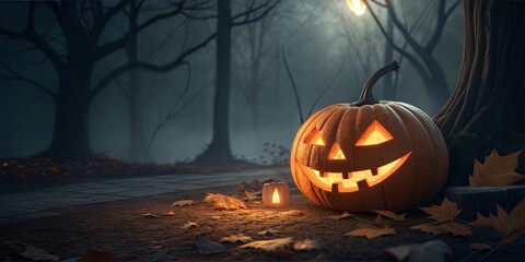 Spooky Halloween Jack-o'-lantern in a Foggy Forest at Night with Copy space