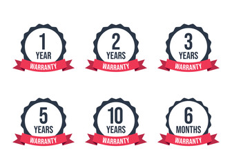 1, 2, 3, 5, 10 years warranty icon set, 6 months warranty label