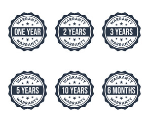 1, 2, 3, 5, 10 years warranty icon set, 6 months warranty label
