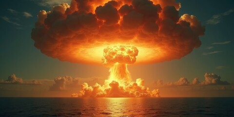 Massive mushroom cloud billowing from a nuclear explosion over the ocean with a dark blue sky and fiery orange glow for destruction.
