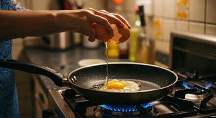 Cracking eggs into a frying pan on a gas stove.