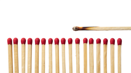  lit match next to a row of unlit matches isolated on white background PNG, AI GENERATED